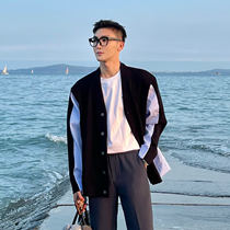 JY Light Cooked Mens Dress Korean Version Trend Long Sleeve Stripe Splicing Black Knit Cardiovert Shirt Jacket Spring New