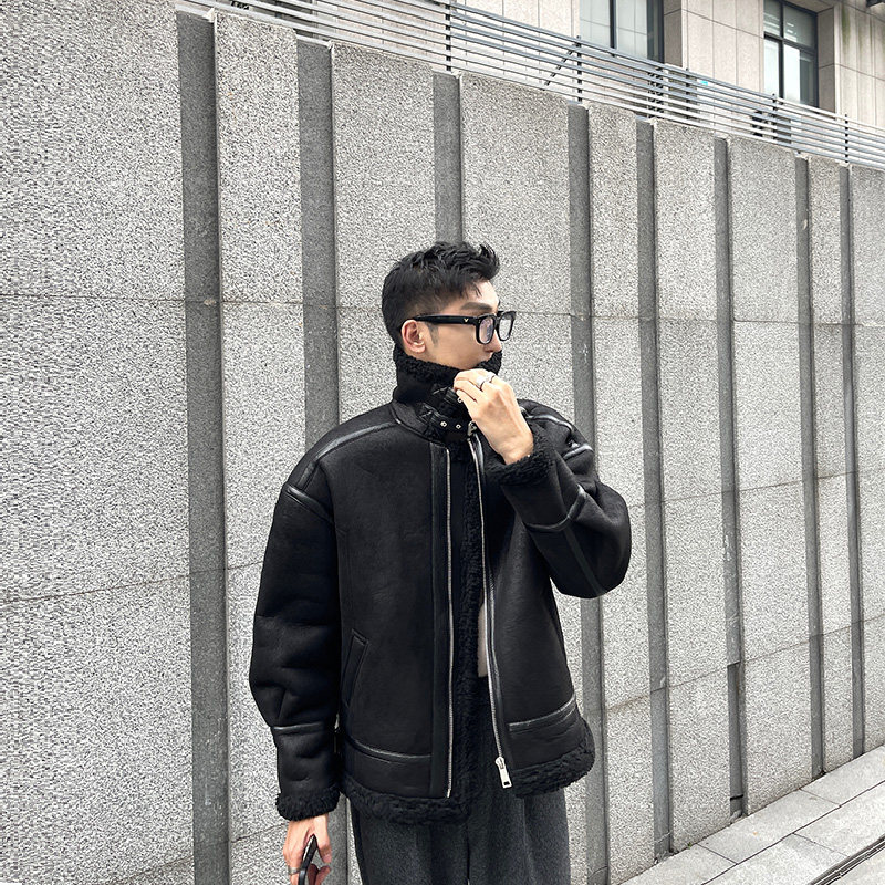 JY lightly cooked wearing a lamb wool jacket man 2021 Winter new gush PU leather thickened warm jacket