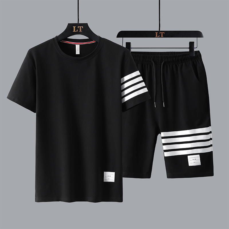 Four-Stripe Tb Sports Short-Sleeve Set for Men, Summer Casual T-Shirt and Shorts, Tom Brown Round-Neck Three-Stripe Set