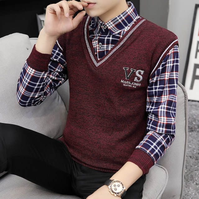 Spring and Autumn Sweater Men's Fake two-piece Shirt Collar Trendy Autumn Loose Velvet Sweater Collar Wool Clothes