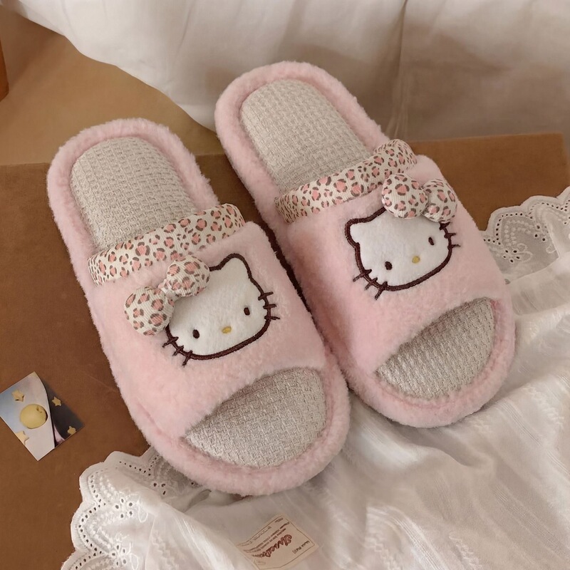 Cartoon Leopard Print Cat Slippers for Women, Home Floor Linen Slippers, Soft Sole, Comfortable, Silent, Girly, Indoor Non-Slip