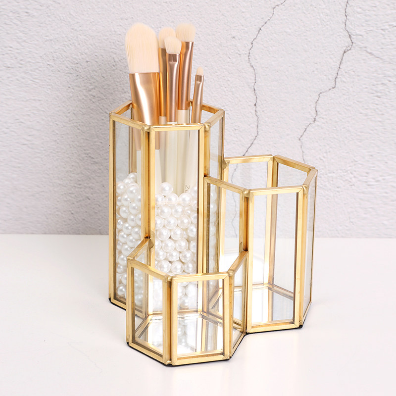 ins Brass glass desktop makeup brush tube Nail eyebrow pencil beauty brush tube Geometric makeup brush storage bucket