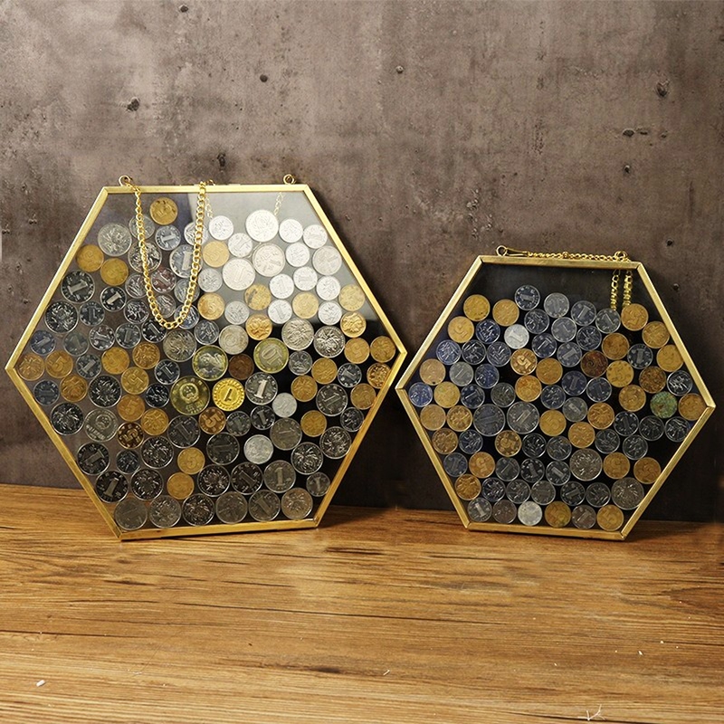 Simple Retro Hexagonal Coin Display Frame Collection Glass Transparent Photo Frame Wall Hanging Decoration Storage Metal Picture Frame