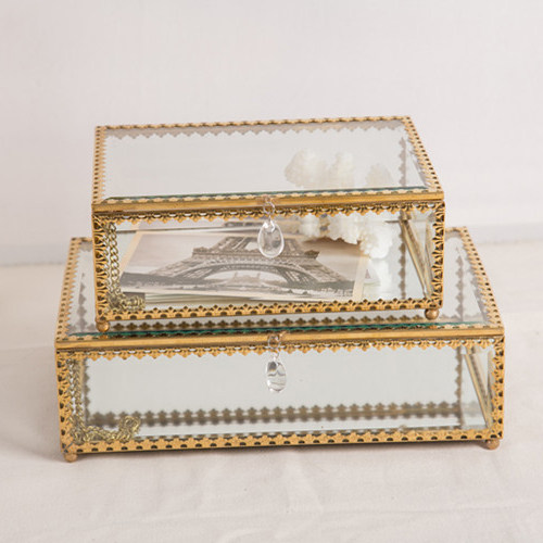 High-end craft Indian style gold lace glass jewelry box Jewelry box Accessories storage square jewelry box