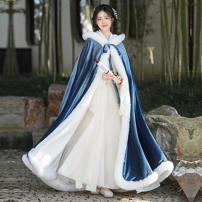 Синяя взрослая шаль-плащ Hanfu, женский зимний китайский стиль, плюс бархатный утолщенный древний костюм, длинный плащ-куртка, новинка 2025 года, стиль