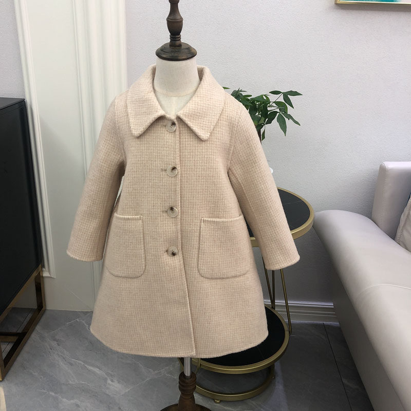 Children's gig bifacial cashmere dresses girl princess skirt hem fur coats turned over wool big pocket outerwear