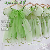 2022 Summer Girls Green Wild Wonder Blister Sleeves Dress Han Edition Butterfly Knot Embroidered Tennis princess Skirt Tide