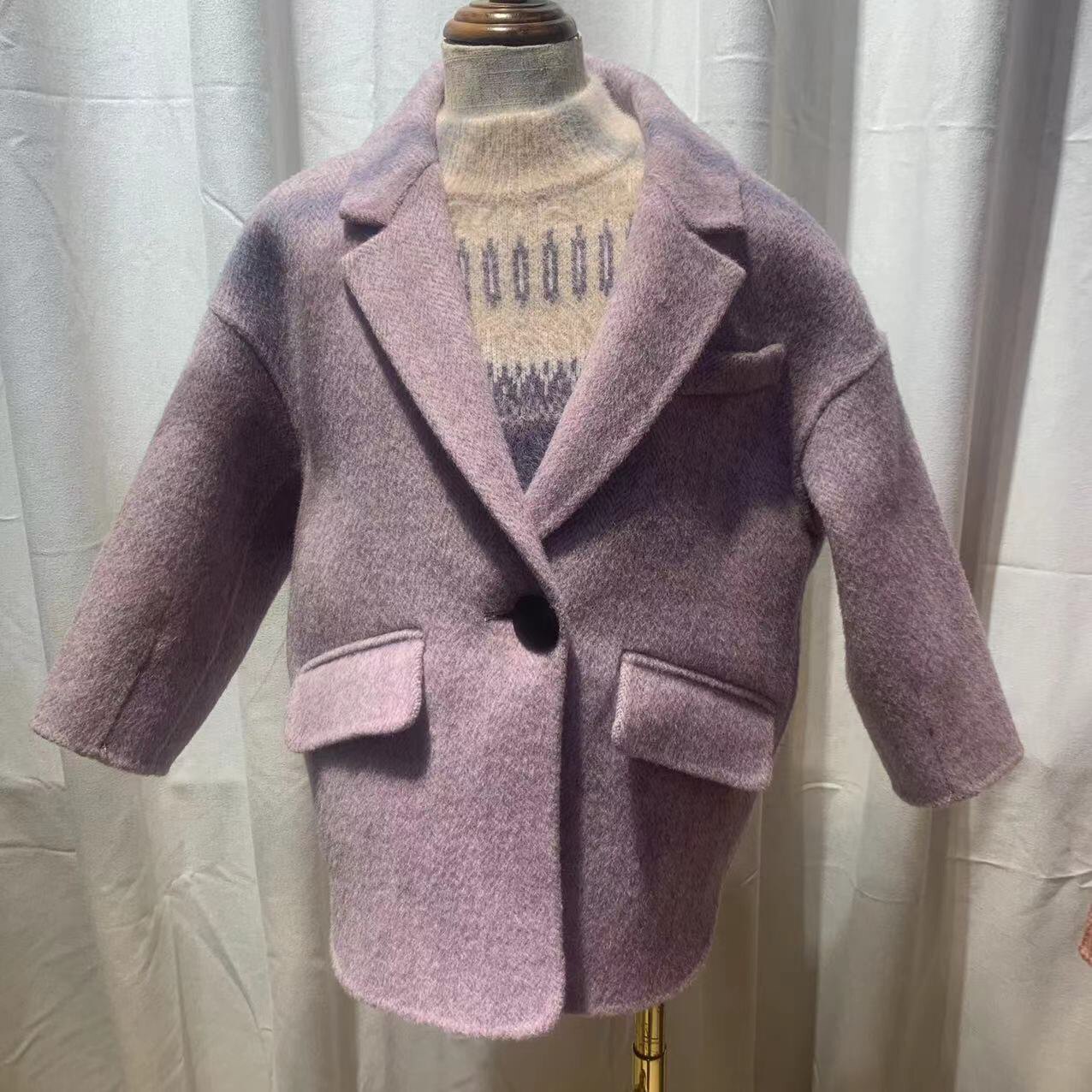 Korean version Children single grain buckle Double face wool jacket suit collar herringbone textured wool coat 100 lap large pocket outerwear