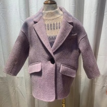 Korean version Children single grain buckle Double face wool jacket suit collar herringbone textured wool coat 100 lap large pocket outerwear