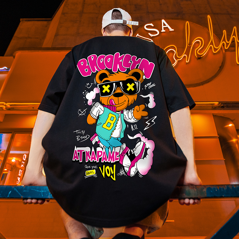 American Retro Street Fashion Hip-Hop Bear T-Shirt for Men, Short-Sleeve, Plus Size, Oversized, Couple's Outfit, Half-Sleeve
