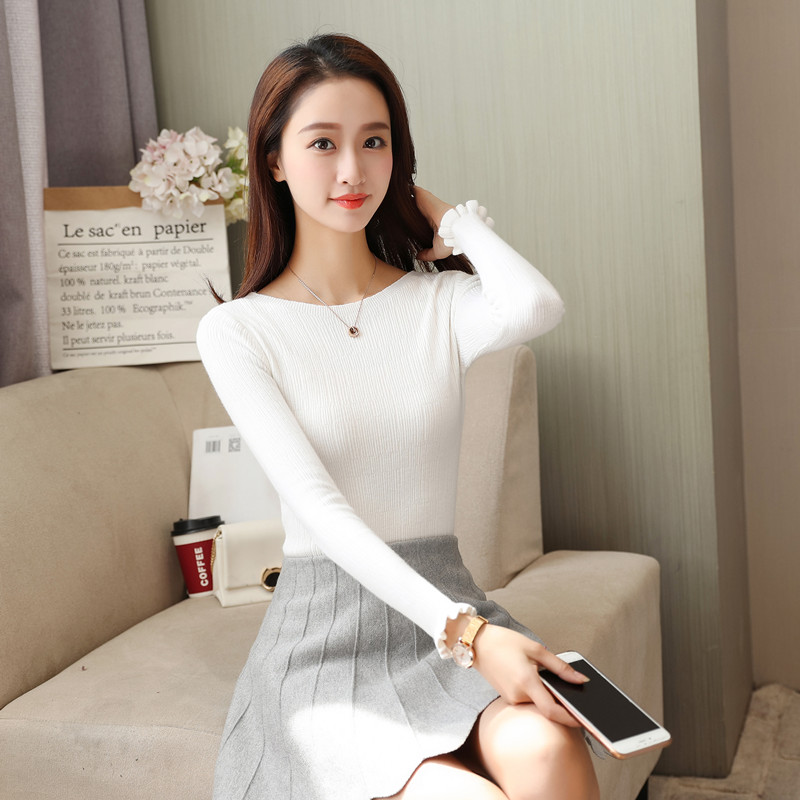 Mùa thu và mùa đông phụ nữ mới thân hình thon gọn cổ áo len phần ngắn tay dài đầu rắn màu áo len lá sen tay áo đáy - Vòng cổ áo len áo len nữ form rộng