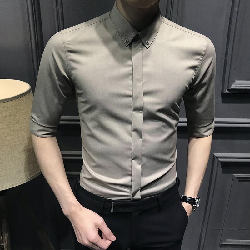 Hong Kong Tide Card 50% Sleeve Shirt Male Korean Version Sashimi 50% Sleeve Shirt Youth Handsome DARK BLUE Tide Casual free ironing