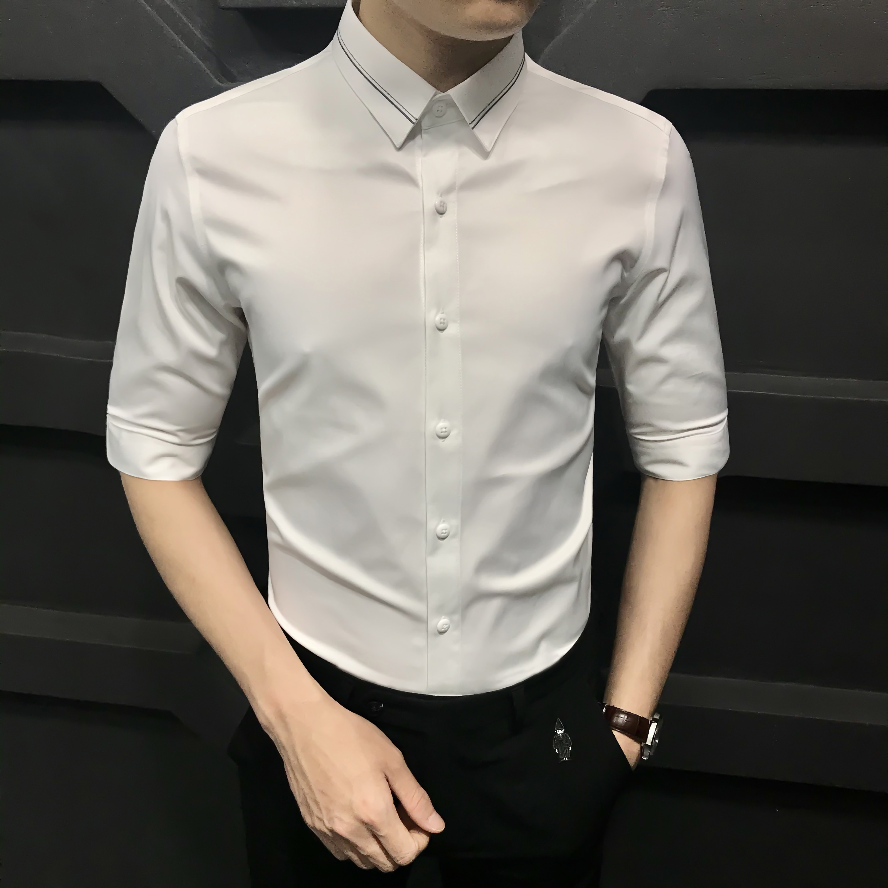 Hong Kong's ironing-free anti-wrinkle shirt Tide Cards Short Sleeves Han Edition Casual 50% Sleeveless Pants Slim Fit Handsome Suit Men's Clothing