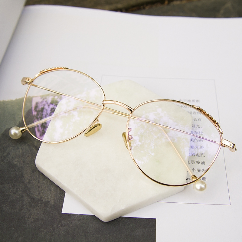 Retro Wheat Ears Trim Round Frame Radiation Protection Goggles Big Face Women Tide Nearsightedness Glasses Men's Flat Mirror Pearl Frames