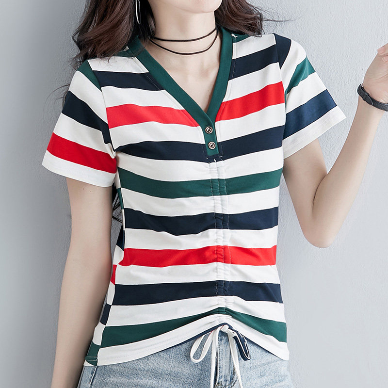 summer 2021 new cotton Korean ins trend striped short-sleeved T-shirt women's drawstring V-neck half-sleeve top