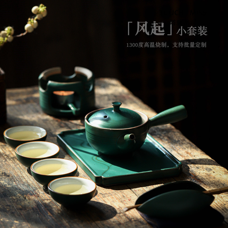 Touch Miss Japanese-style rough pottery tea set threaded side handle pot light luxury home gift style tea tray high-end set
