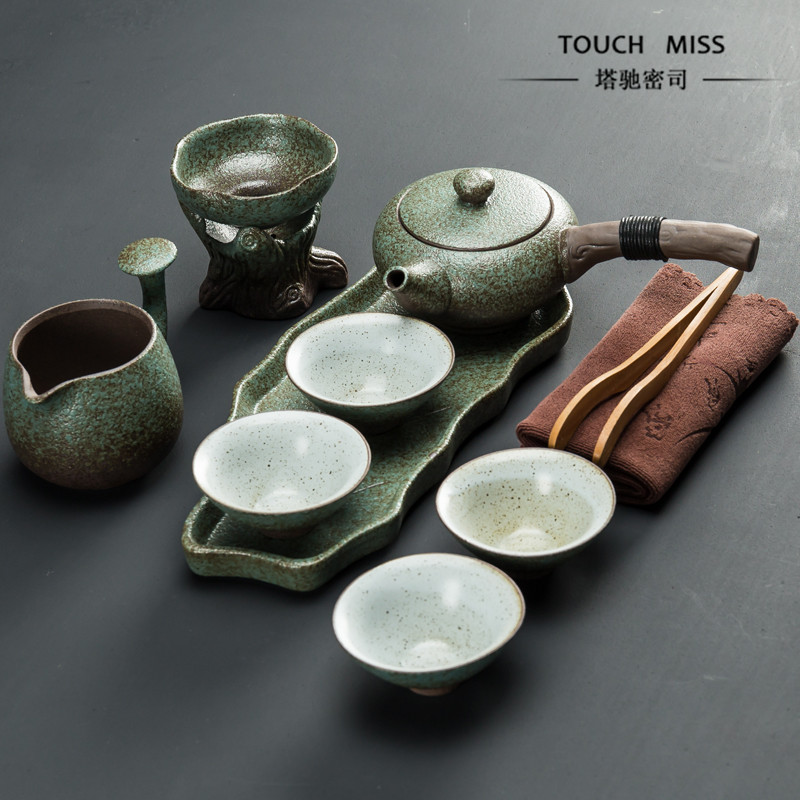 Touch MissDay style coarse pottery tea set portable travel one-pot-two-cup light lavish home turquoite glazed quick guest tea cup