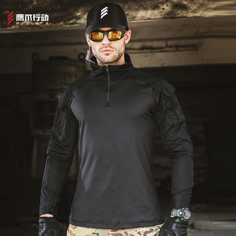 Eagle claw action physical training suit Summer long sleeve tactical T-shirt Male special forces combat training suit frog suit top black