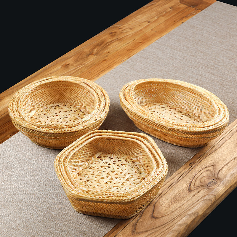 Handmade Bamboo Fruit Basket Basket Household Round Storage Basket Fruit Plate Refreshment Tray Snack Bamboo Basket