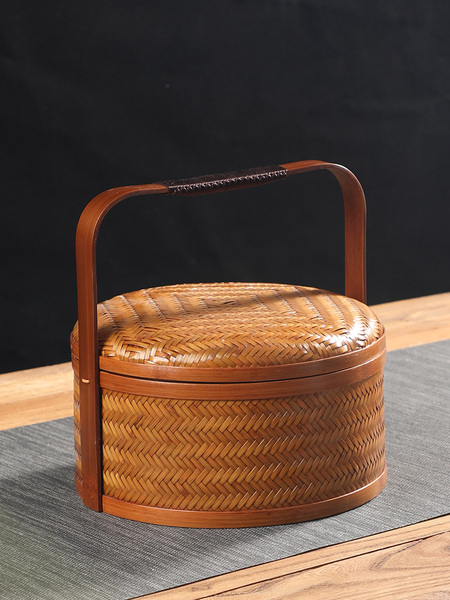 Handmade Bamboo Lacquer Basket for Home Use, Round with Lid, Desktop Storage Basket, Vintage Chinese-Style Fruit and Snack Basket, Bamboo Basket