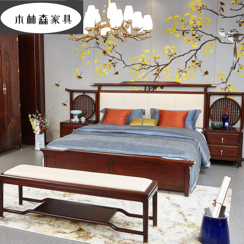 New Chinese style solid wood bed light luxury double bed leather backrest soft bag master bedroom 18 meters big bed modern minimalist furniture