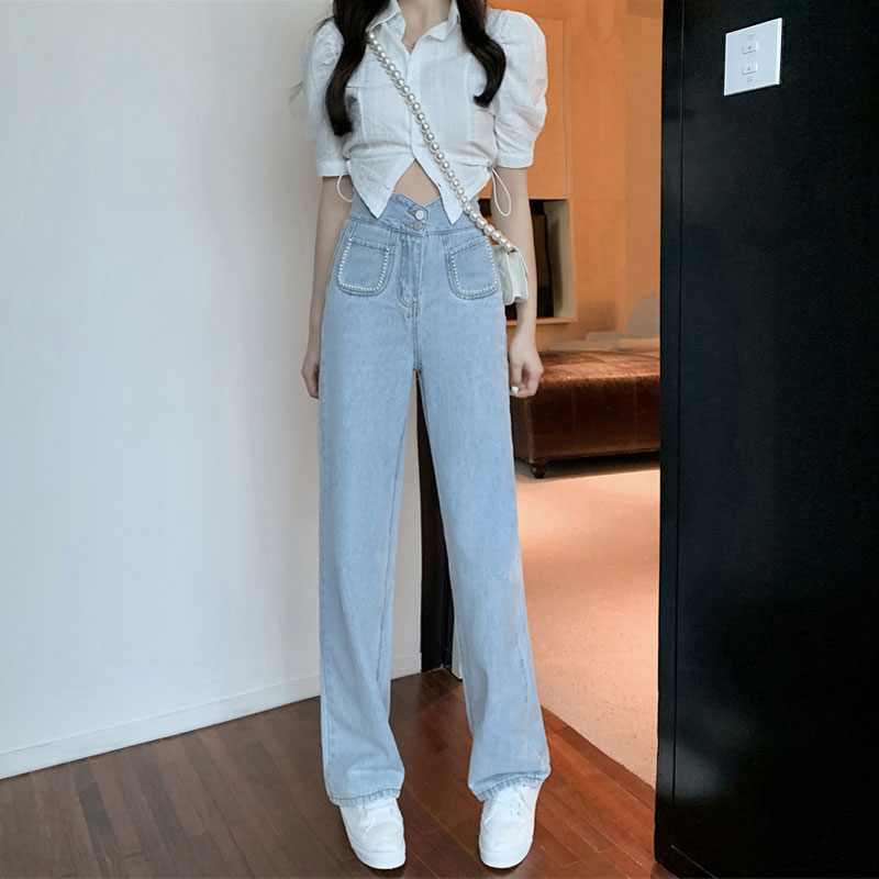 Jeans Woman Fall 2021 New Light Color High Waist Display Slim Design Sensation Slim straight cylinder 100 lap-leg pants