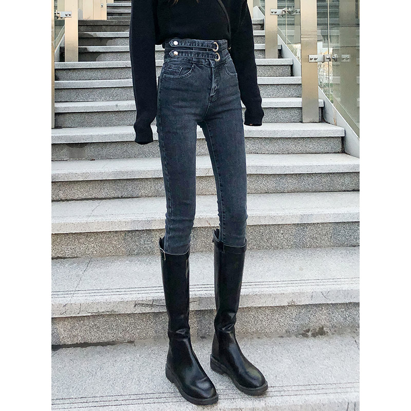 Jeans Woman Fall 2021 Dark High Waist Hew With High Pencil Pants Adjustable Elastic Tight Fit Trousers