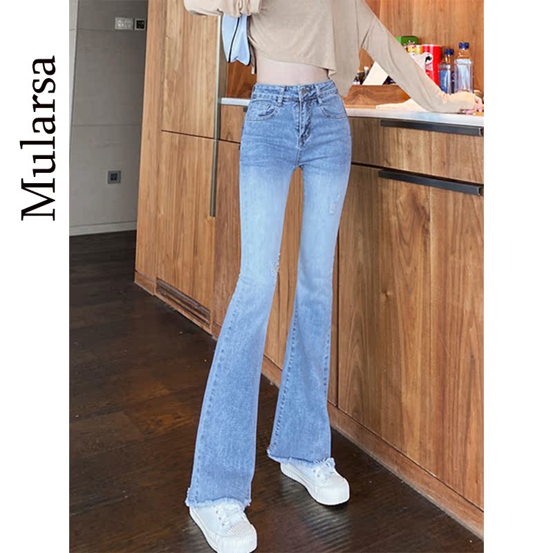 Micro Trumpeter Pants Woman 2021 Spring Fall New High Waist Display Slim Fit with Broken Hole Broadside Horn Pants