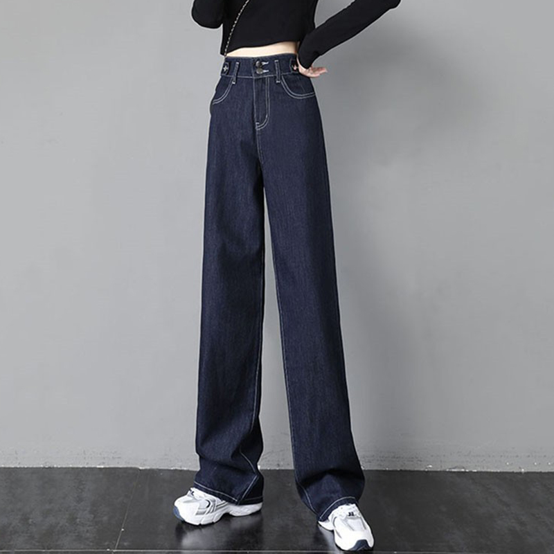Straight Drum Jeans Woman 2021 Fall high waist loose Fat mm Conspicuously Slim dark blue broadlegged Long pants