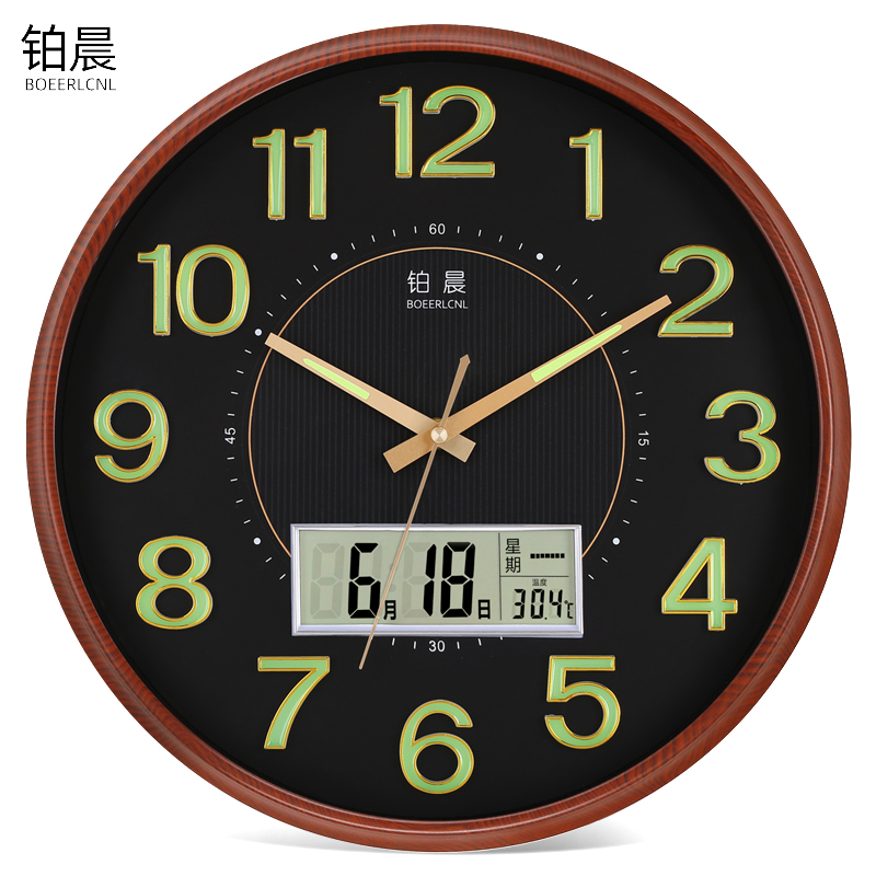 Platinum morning luminous wall clock muted clock bedroom living room large hanging watch simple creative quartz clock LED perpetual calendar