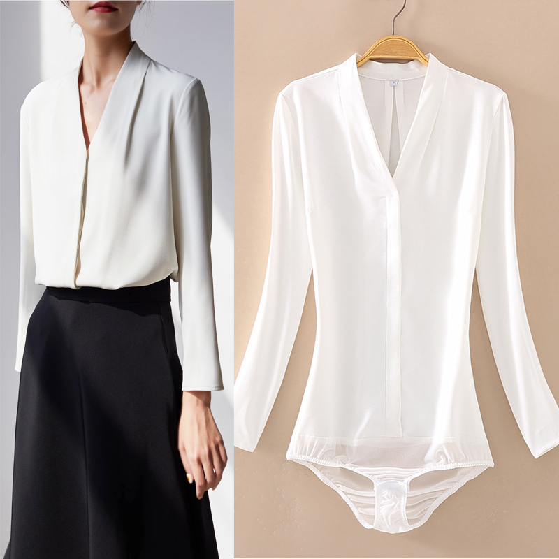 Spring and Summer New Arrivals, Same Style as in the Store, Elegant and Sophisticated Chiffon Slimming V-Neck Long-Sleeve Shirt for Women, One-Piece Shirt