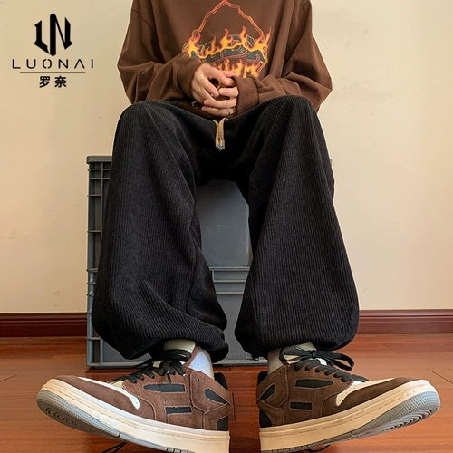 Черные вельветовые демисезонные японские штаны, оверсайз