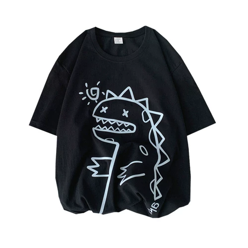 Летняя футболка с коротким рукавом, трендовый универсальный хлопковый динозавр, в корейском стиле, оверсайз, короткий рукав