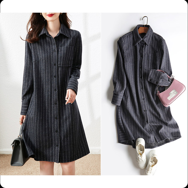 Early spring new style dark blue striped shirt dress women's casual simple commuting slimming skirt