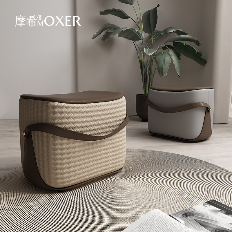 Mohy genuine leather shoe changing stool home doorway entrance short stool net red solid wood saddle stool sitting room tea table stool footrest stool-Taobao