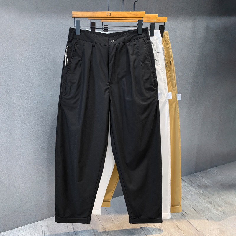 It ins Export Work Pants for Men, Summer Thin Style, Zipper, Multiple Pockets, Double Pleats, Tapered, Loose Straight Leg, Cropped Casual Pants