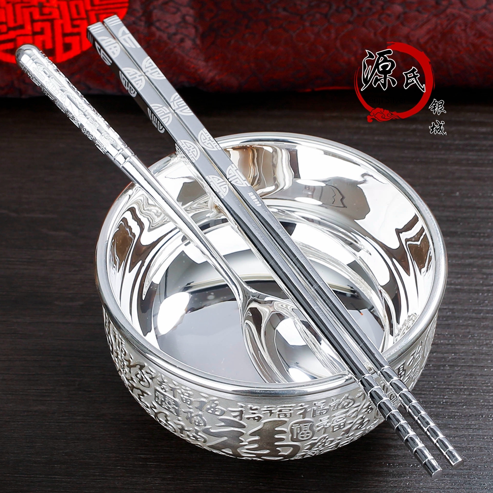 Edible Grade Dragon Phoenix Bright Face 999 pure silver cutlery Double heat insulation Baifu Anti-burn suit Ginza silver Chopsticks Silver Spoon