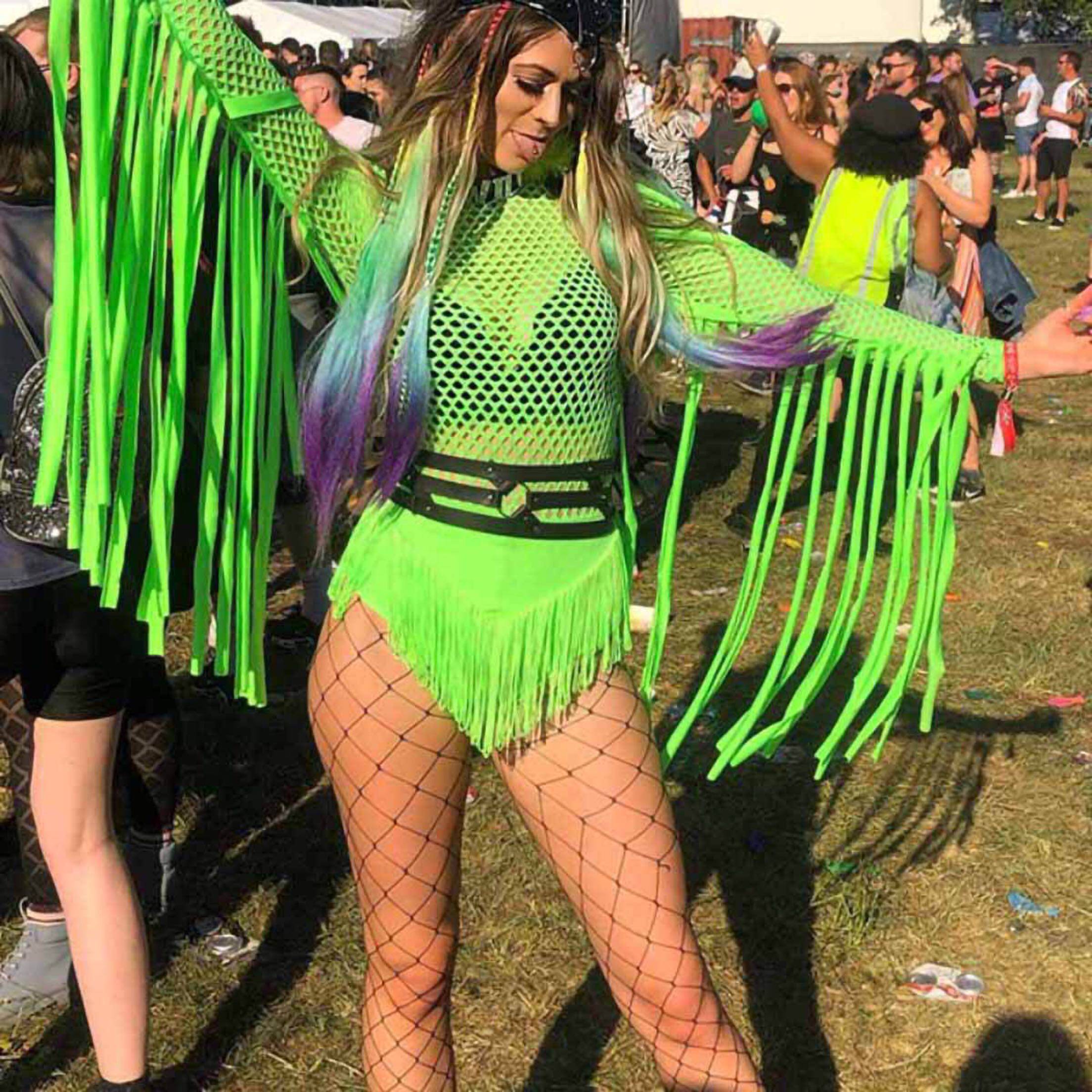 Fluorescent green mesh see-through costume