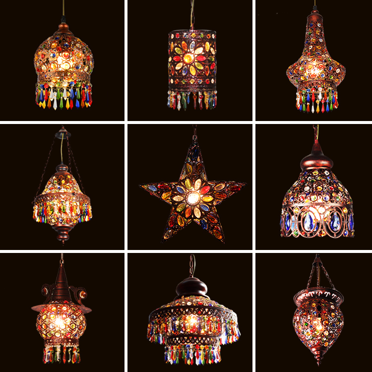 Bohemian Retro Iron Art Restaurant Single-Head Colorful Crystal Lamp Creative and Distinctive American-Style Cafe Three-Head Pendant Lamp
