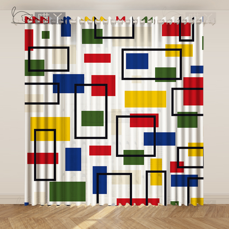 Mondrian Three-Color Checkered Red, Yellow, and Blue Geometric Color-Blocking Children's Room Curtains, Living Room Floor-To-Ceiling Window, Dining Room Partition Curtain Mondrian Three-Color Checkered Red, Yellow, and Blue Geometric Color-Blocking Children's Room Curtains, Living Room Floor-To-Ceiling Window, Dining Room Partition Curtain