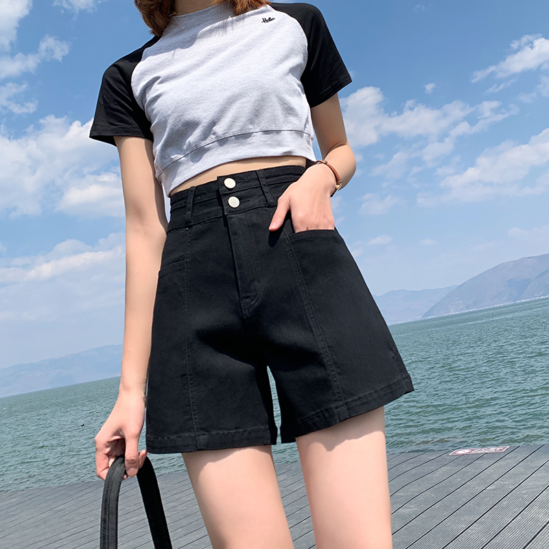 Black stretch denim shorts women's summer thin section high waist loose large size thin fat sister 200 pounds wide leg shorts