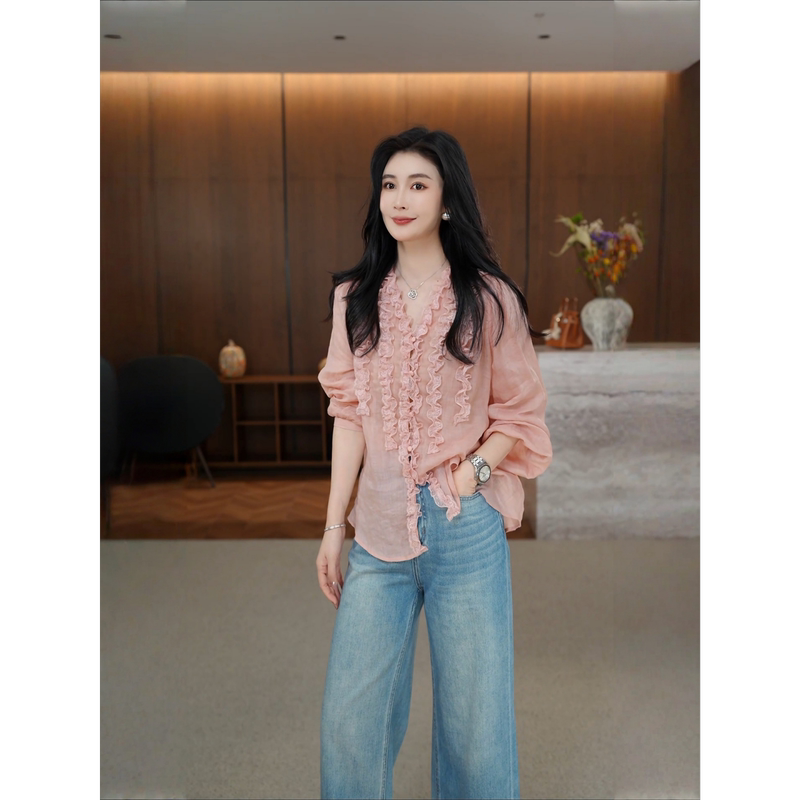 【Feng Xu】Spring 100% Ramie French Heavy Lace Ruffled V-Neck Breathable Versatile Shirt