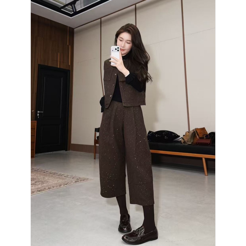 【Yanwen】Autumn New Collection Wool Sequin Slim-Fit Elegant Vest + Cropped Wide-Leg Pants Set