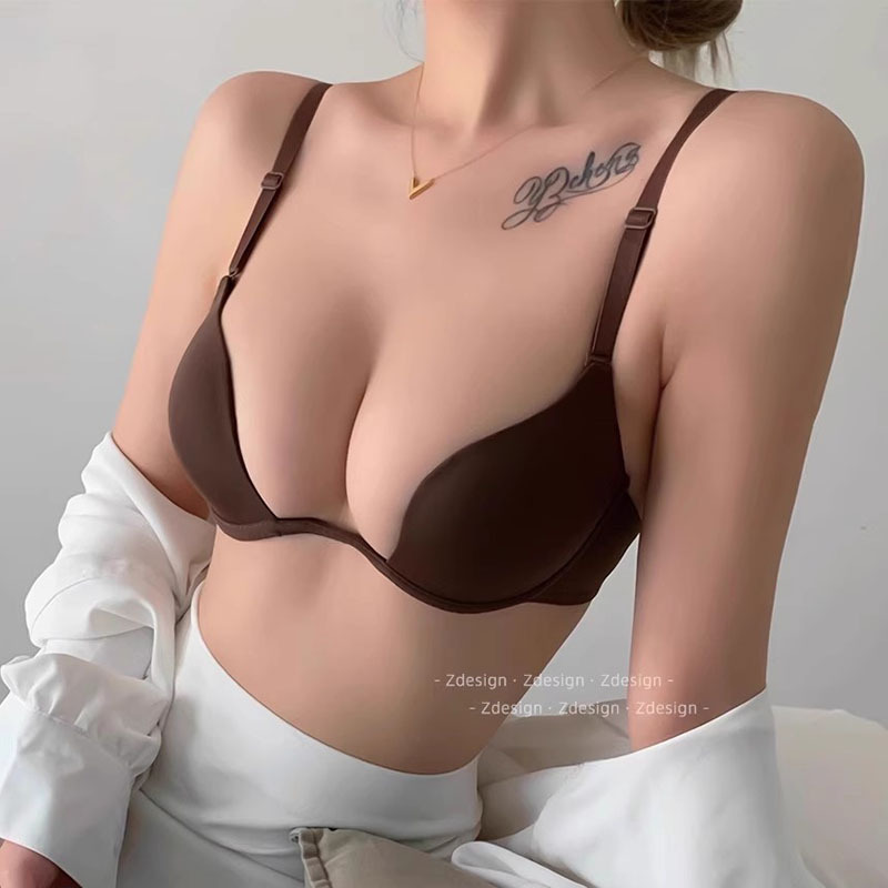 Sexy Pure Desire Deep V Invisible Bra for Women, Half-Cup Seamless U-Shaped Wedding Dress Bra, Small Chest Push-Up Bra That Makes the Chest Look Bigger