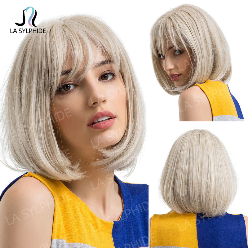 Wigs Amazon European and American Style Wigs for Women, Blonde Air Bangs Bob Haircut, Full Head Wig, Machine-Made, Hot-Selling Short Hair