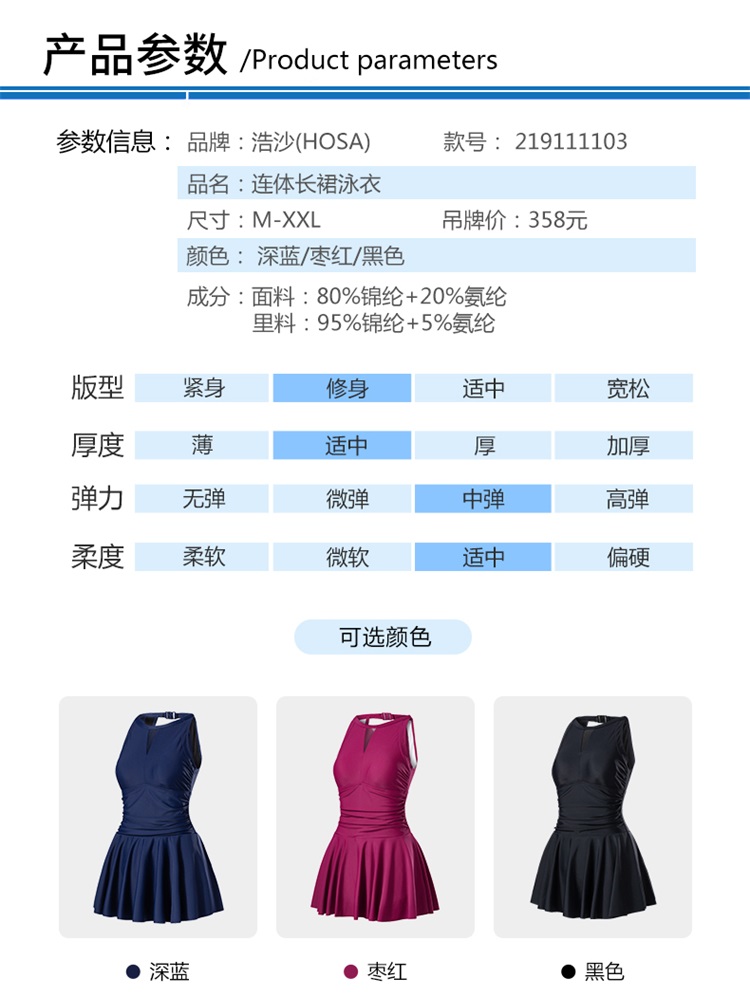 国际泳联合作品牌 浩沙 20款 女裙式连体泳衣 遮肚聚拢显瘦 图13