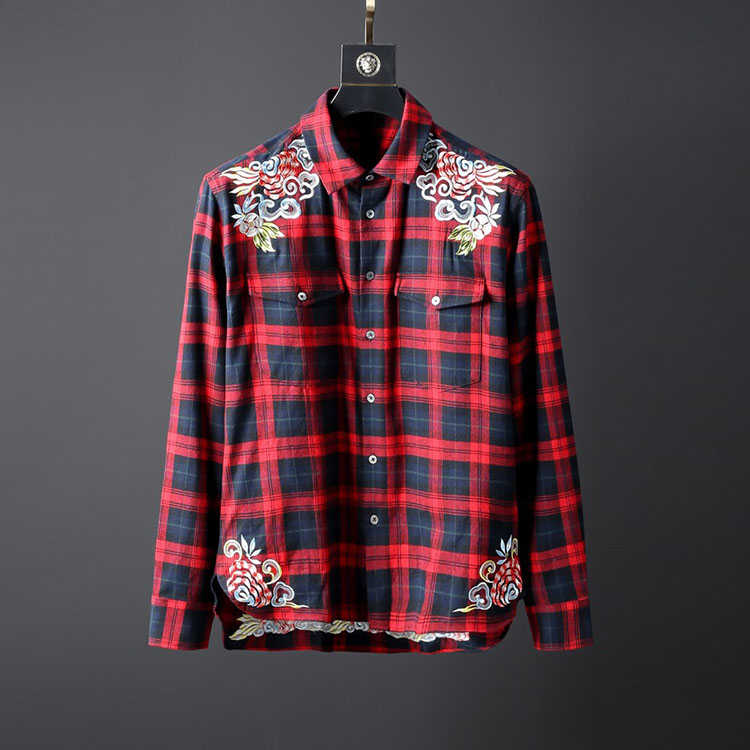 复古中国风腾龙祥云花纹刺绣宽松夹克版型法兰绒时尚长袖衬衫男