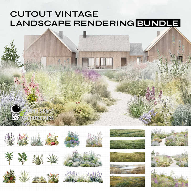 Retro Collage-Style Architectural Landscape Renderings, Plant Illustrations, Landscape Foreground Images Png Without Background