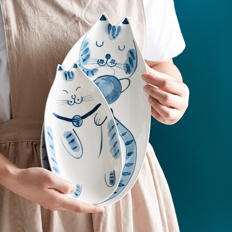 Mystery blue cat Japanese - style tableware under glaze color porcelain household sweet rice bowls oval dish dish breakfast tray