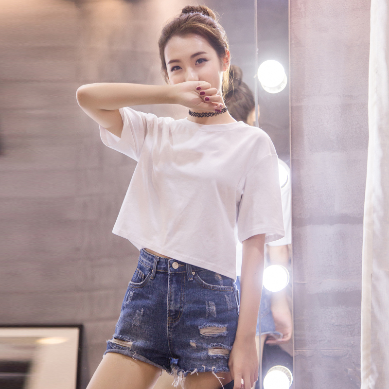 Short White T-Shirt for Women, Short-Sleeved Crop Top, Student Summer Korean Style, Pure Cotton, Solid Color, Loose Fit, High Waist, Exposed Navel